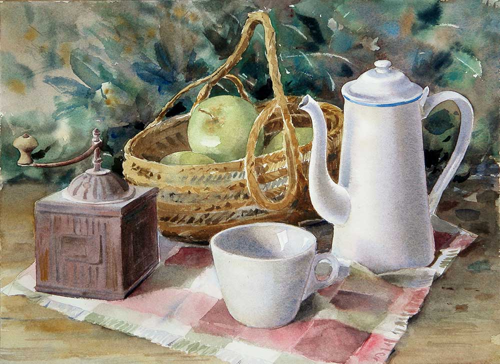 17-Acuarela. Manzanas y café