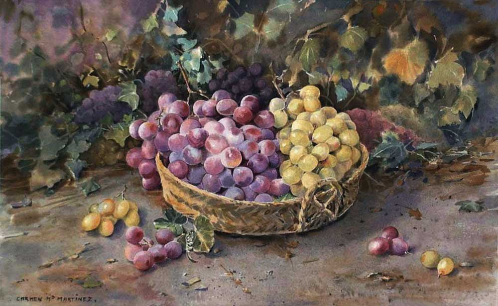 Acuarela, cesto de uvas